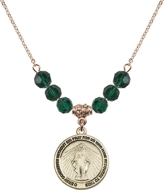 18" Hamilton Gold Plated Necklace with 4mm Emerald Crystal Beads featuring a 14kt Gold Filled Miraculous Medal.