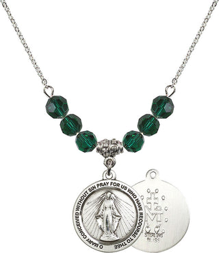 18" Rhodium Plated Necklace with 4mm Emerald Crystal Beads featuring a Sterling Silver Miraculous Medal.