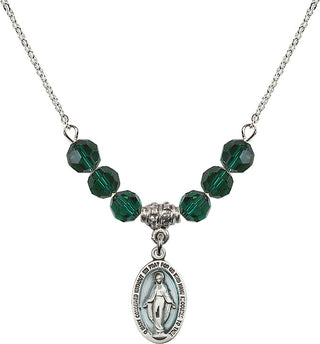 18" Rhodium Plated Necklace with 4mm Emerald Crystal Beads featuring a Sterling Silver Miraculous Medal.