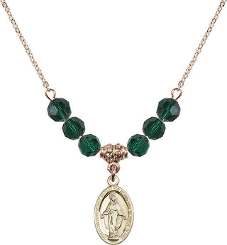 18" Hamilton Gold Plated Necklace with 4mm Emerald Crystal Beads featuring a 14kt Gold Filled Miraculous Medal.
