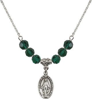 18" Rhodium Plated Necklace with 4mm Emerald Crystal Beads featuring a Sterling Silver Miraculous Medal.