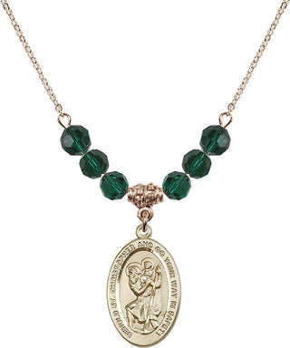 18" Hamilton Gold Plated Necklace with 4mm Emerald Crystal Beads featuring a 14kt Gold Filled Saint Christopher Medal. Engraved Catholic Saint Jewelry