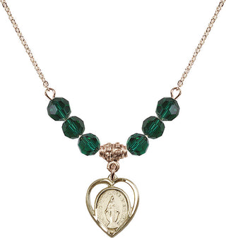 18" Hamilton Gold Plated Necklace with 4mm Emerald Crystal Beads featuring a 14kt Gold Filled Miraculous Medal.