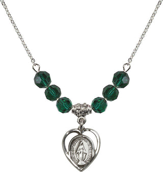 18" Rhodium Plated Necklace with 4mm Emerald Crystal Beads featuring a Sterling Silver Miraculous Medal.