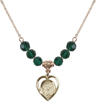 18" Hamilton Gold Plated Necklace with 4mm Emerald Crystal Beads featuring a 14kt Gold Filled Scapular Medal.