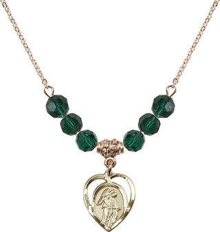18" Hamilton Gold Plated Necklace with 4mm Emerald Crystal Beads featuring a 14kt Gold Filled Guardian Angel Medal.