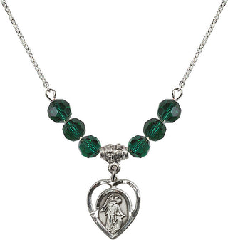 18" Rhodium Plated Necklace with 4mm Emerald Crystal Beads featuring a Sterling Silver Guardian Angel Medal.