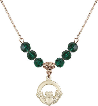 18" Hamilton Gold Plated Necklace with 4mm Emerald Crystal Beads featuring a 14kt Gold Filled Claddagh Medal.