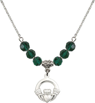 18" Rhodium Plated Necklace with 4mm Emerald Crystal Beads featuring a Sterling Silver Claddagh Medal.