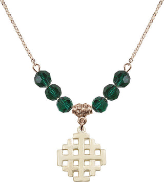 18" Hamilton Gold Plated Necklace with 4mm Emerald Crystal Beads featuring a 14kt Gold Filled Jerusalem Cross Medal.