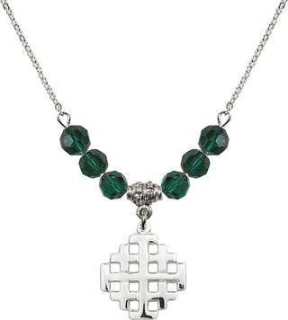 18" Rhodium Plated Necklace with 4mm Emerald Crystal Beads featuring a Sterling Silver Jerusalem Cross Medal.