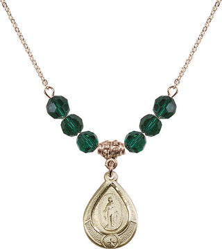 18" Hamilton Gold Plated Necklace with 4mm Emerald Crystal Beads featuring a 14kt Gold Filled Miraculous Medal.