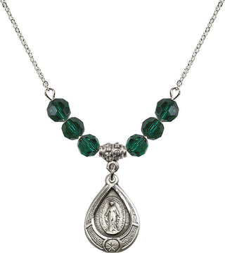 18" Rhodium Plated Necklace with 4mm Emerald Crystal Beads featuring a Sterling Silver Miraculous Medal.