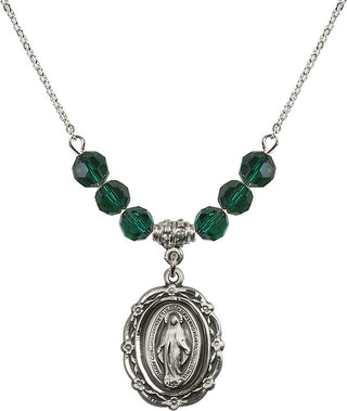 18" Rhodium Plated Necklace with 4mm Emerald Crystal Beads featuring a Sterling Silver Miraculous Medal.