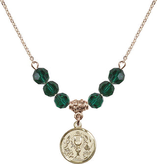 18" Hamilton Gold Plated Necklace with 4mm Emerald Crystal Beads featuring a 14kt Gold Filled Communion Chalice Medal.