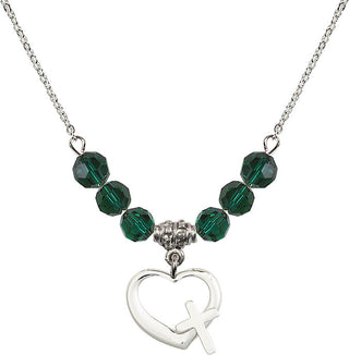 18" Rhodium Plated Necklace with 4mm Emerald Crystal Beads featuring a Sterling Silver Heart / Cross Medal.