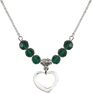 18" Rhodium Plated Necklace with 4mm Emerald Crystal Beads featuring a Sterling Silver Heart Medal.