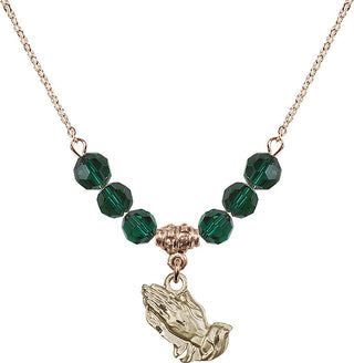 18" Hamilton Gold Plated Necklace with 4mm Emerald Crystal Beads featuring a 14kt Gold Filled Praying Hands Medal.