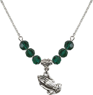 18" Rhodium Plated Necklace with 4mm Emerald Crystal Beads featuring a Sterling Silver Praying Hands Medal.
