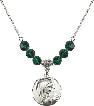 18" Rhodium Plated Necklace with 4mm Emerald Crystal Beads featuring a Sterling Silver Sorrowful Mother Medal.