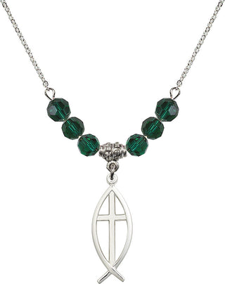 18" Rhodium Plated Necklace with 4mm Emerald Crystal Beads featuring a Sterling Silver Fish / Cross Medal.