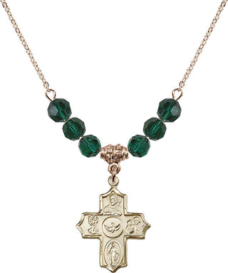 18" Hamilton Gold Plated Necklace with 4mm Emerald Crystal Beads featuring a 14kt Gold Filled 5-Way Medal.