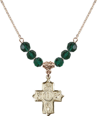 18" Hamilton Gold Plated Necklace with 4mm Emerald Crystal Beads featuring a 14kt Gold Filled 4-Way Medal.