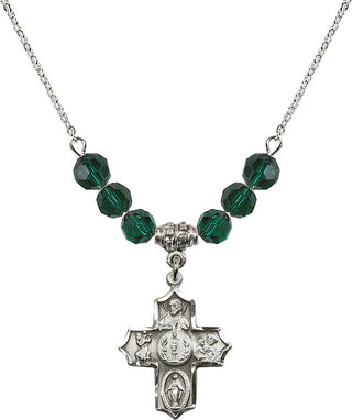 18" Rhodium Plated Necklace with 4mm Emerald Crystal Beads featuring a Sterling Silver 4-Way Medal.