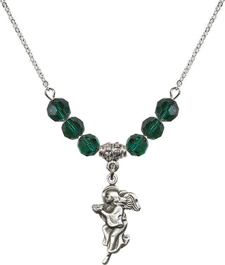 18" Rhodium Plated Necklace with 4mm Emerald Crystal Beads featuring a Sterling Silver Guardian Angel Medal.