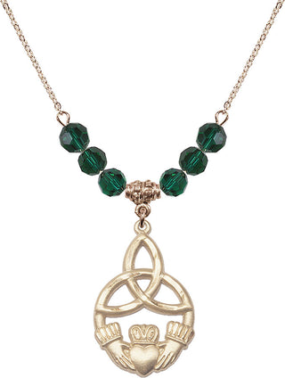 18" Hamilton Gold Plated Necklace with 4mm Emerald Crystal Beads featuring a 14kt Gold Filled Irish Knot / Claddagh Medal.