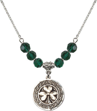 18" Rhodium Plated Necklace with 4mm Emerald Crystal Beads featuring a Sterling Silver Shamrock with Celtic Border Medal.