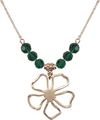 18" Hamilton Gold Plated Necklace with 4mm Emerald Crystal Beads featuring a 14kt Gold Filled Five Pedal Flower Medal.
