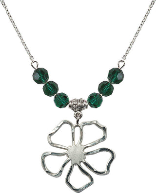 18" Rhodium Plated Necklace with 4mm Emerald Crystal Beads featuring a Sterling Silver Five Pedal Flower Medal.