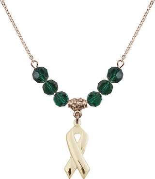 18" Hamilton Gold Plated Necklace with 4mm Emerald Crystal Beads featuring a 14kt Gold Filled Cancer Awareness Medal.