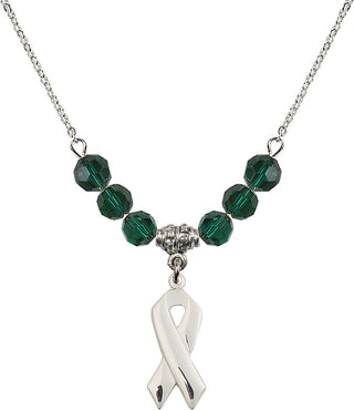 18" Rhodium Plated Necklace with 4mm Emerald Crystal Beads featuring a Sterling Silver Cancer Awareness Medal.
