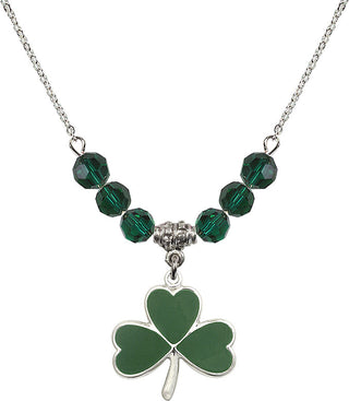 18" Rhodium Plated Necklace with 4mm Emerald Crystal Beads featuring a Sterling Silver Shamrock Medal.