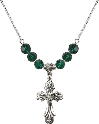 18" Rhodium Plated Necklace with 4mm Emerald Crystal Beads featuring a Sterling Silver Cross Medal.