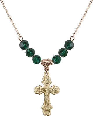 18" Hamilton Gold Plated Necklace with 4mm Emerald Crystal Beads featuring a 14kt Gold Filled Crucifix Medal.