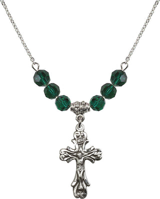 18" Rhodium Plated Necklace with 4mm Emerald Crystal Beads featuring a Sterling Silver Crucifix Medal.