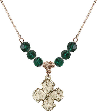 18" Hamilton Gold Plated Necklace with 4mm Emerald Crystal Beads featuring a 14kt Gold Filled 4-Way Medal.