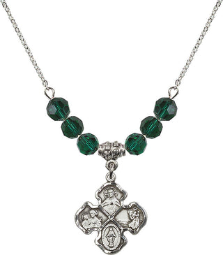 18" Rhodium Plated Necklace with 4mm Emerald Crystal Beads featuring a Sterling Silver 4-Way Medal.