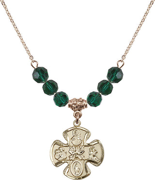 18" Hamilton Gold Plated Necklace with 4mm Emerald Crystal Beads featuring a 14kt Gold Filled 5-Way Medal.