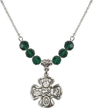 18" Rhodium Plated Necklace with 4mm Emerald Crystal Beads featuring a Sterling Silver 5-Way Medal.
