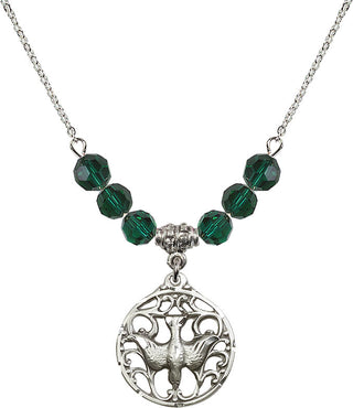 18" Rhodium Plated Necklace with 4mm Emerald Crystal Beads featuring a Sterling Silver Holy Spirit Medal.