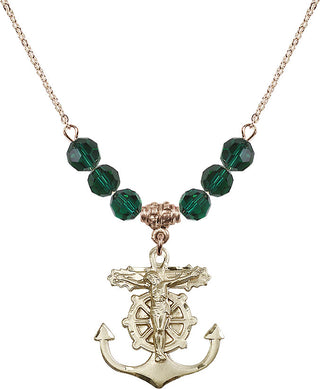 18" Hamilton Gold Plated Necklace with 4mm Emerald Crystal Beads featuring a 14kt Gold Filled Anchor Crucifix Medal.