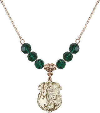 18" Hamilton Gold Plated Necklace with 4mm Emerald Crystal Beads featuring a 14kt Gold Filled Saint Michael the Archangel Medal. Engraved Catholic Saint Jewelry