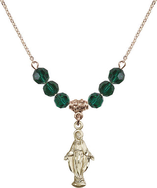 18" Hamilton Gold Plated Necklace with 4mm Emerald Crystal Beads featuring a 14kt Gold Filled Miraculous Medal.