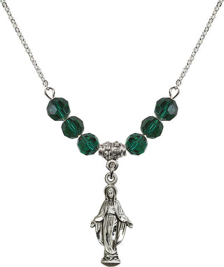 18" Rhodium Plated Necklace with 4mm Emerald Crystal Beads featuring a Sterling Silver Miraculous Medal.