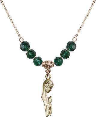 18" Hamilton Gold Plated Necklace with 4mm Emerald Crystal Beads featuring a 14kt Gold Filled Madonna Medal.