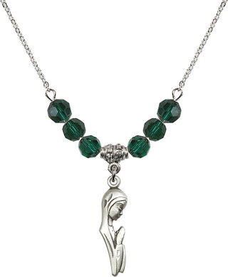 18" Rhodium Plated Necklace with 4mm Emerald Crystal Beads featuring a Sterling Silver Madonna Medal.
